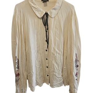Hot Topic Cream Button-Up Shirt with Cute Mushroom Detailed Sleeves